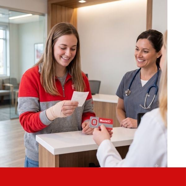 A female college student with a bandaged wrist paying with a card at an urgent care reception desk while interacting with friendly clinic staff.