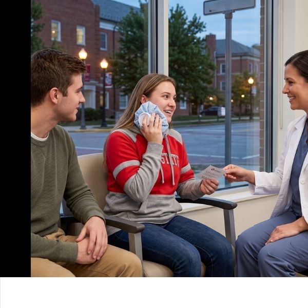 A young woman holding an ice pack to her jaw while sitting in a clinic lobby at dusk, speaking with a healthcare provider near a window showing a 16th Avenue street sign outside.