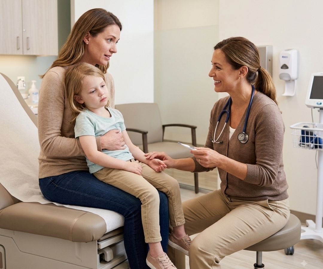 A female healthcare provider smiling as she speaks to a mother holding her young child on an examination table inside a modern clinic exam room.