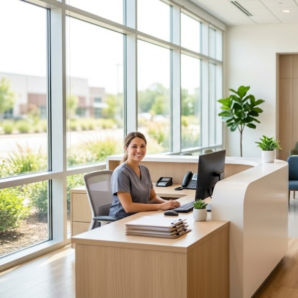 M345400 - Page Images Bright and modern medical reception area welcoming walk-in patients for same-day urgent care appointments.