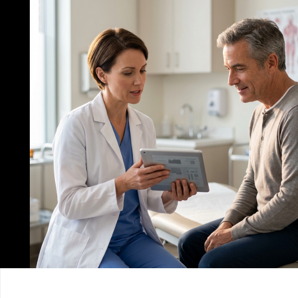 Office Examinations (2) Medical doctor discussing personalized treatment plans and prescriptions with a patient in an exam room.