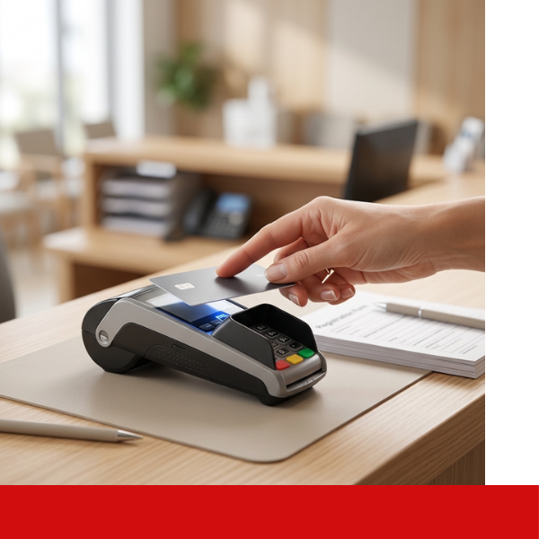 Office Examinations (3) Patient using contactless payment at a healthcare clinic check-in desk with upfront transparent pricing.