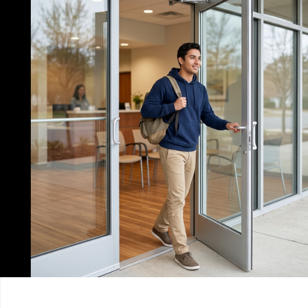 Office Examinations (4) Student entering a local off-campus walk-in medical clinic for a same-day physician evaluation.