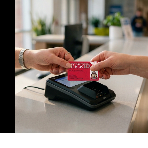 Patient paying for health clinic services using an institutional campus identification card.