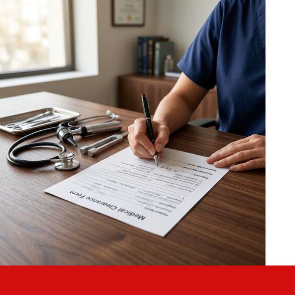Healthcare practitioner signing completed student medical clearance and physical paperwork.