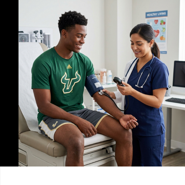 Clinician checking a patient's vitals during a same-day sports physical examination.